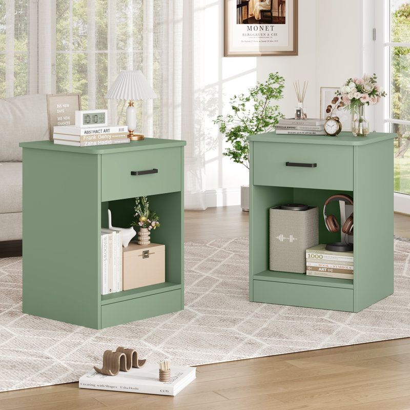 Table de chevet en bois avec tiroir Ignacio H 23,6 po, Ensemble de 2, Vert sauge