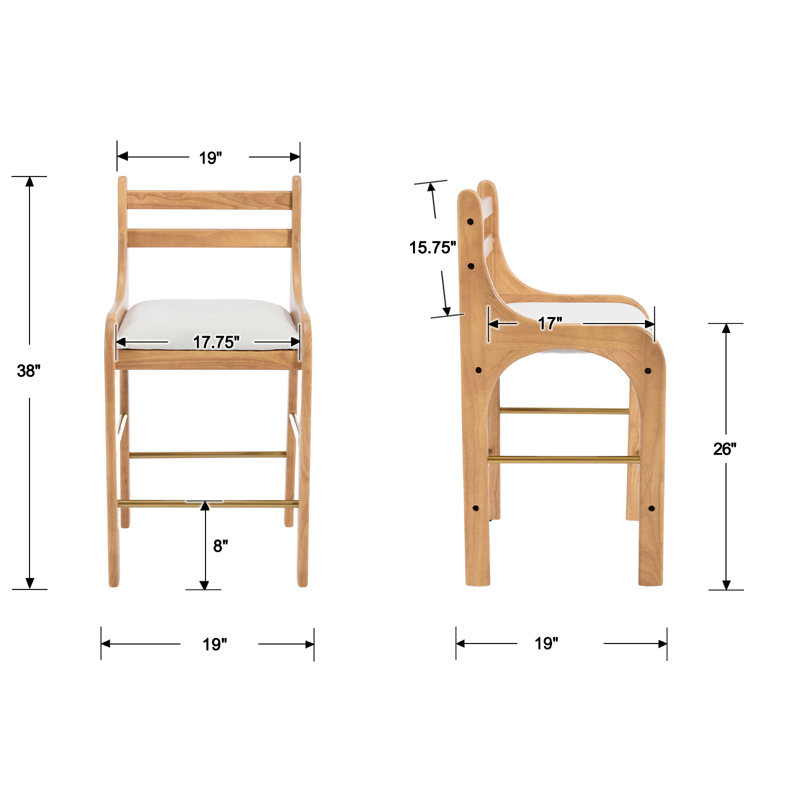 Stylish Farmhouse Upholstered Solid Wood Barstools With Metal Stirrups, Low Barstools With Cutout Solid Wood Backs Set Of 2
