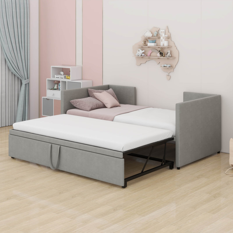 Lit de jour simple rembourré avec couchette escamotable, structure de lit de jour simple en velours avec lit gigogne, Gris