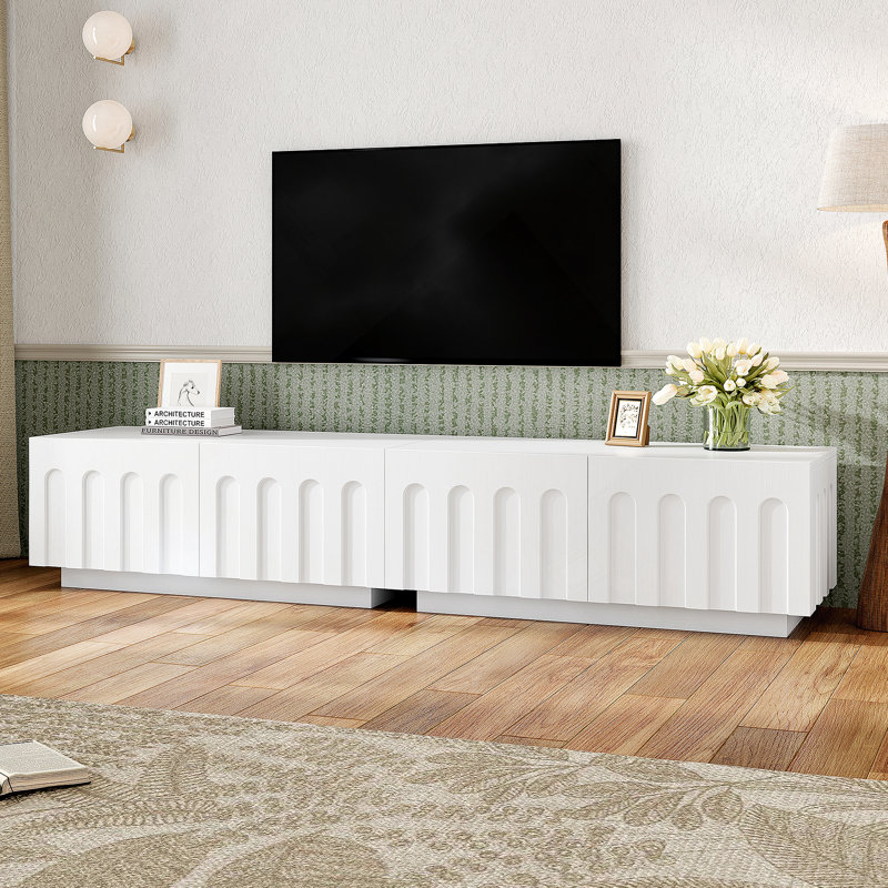 Meuble télé avec design arqué pour téléviseur jusqu'à 80 po, table basse moderne à double usage avec 4 tiroirs, Blanc