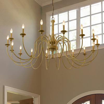 Grand lustre campagnard 16 lumières, candélabre blanc vieilli pour plafonds hauts