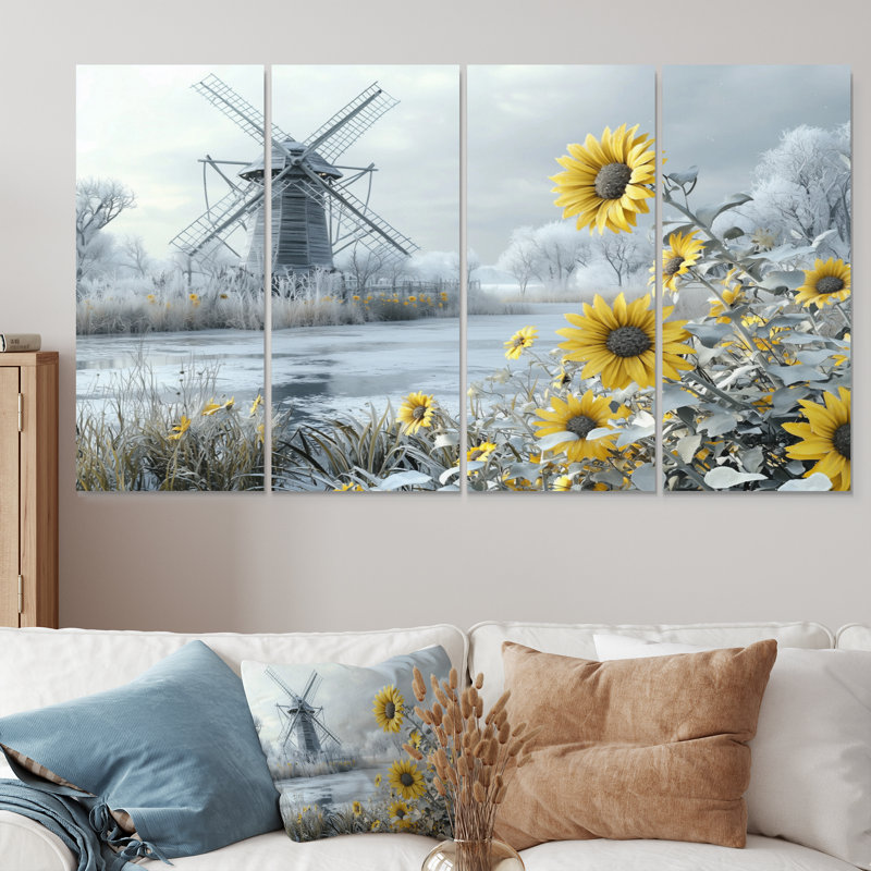 Tournesols et moulin à vent gelé - Art - Pour le salon, 4, H 28 po x l 48 po