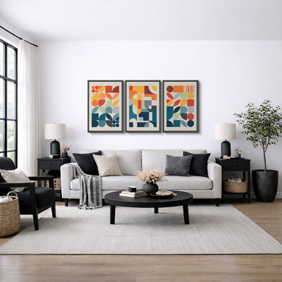 Abstract Vibrant Color Blocks "Contemporary Bold Orange Blue Abstract Artwork, Mid Century Modern Boho Pictures, 3 Pieces Canvas Giclee Digital Print Wall Art"  