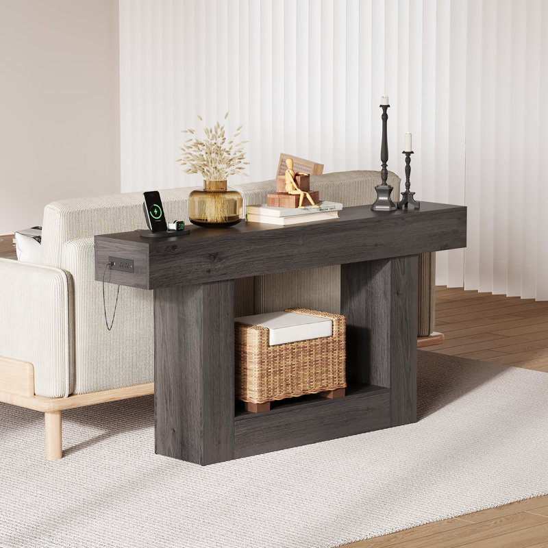 Modern Farmhouse Console Table with Built-in Power Outlet, Wood Sofa Table with Open Storage Compartment, Narrow Entryway Table for Living Room, Hallway
