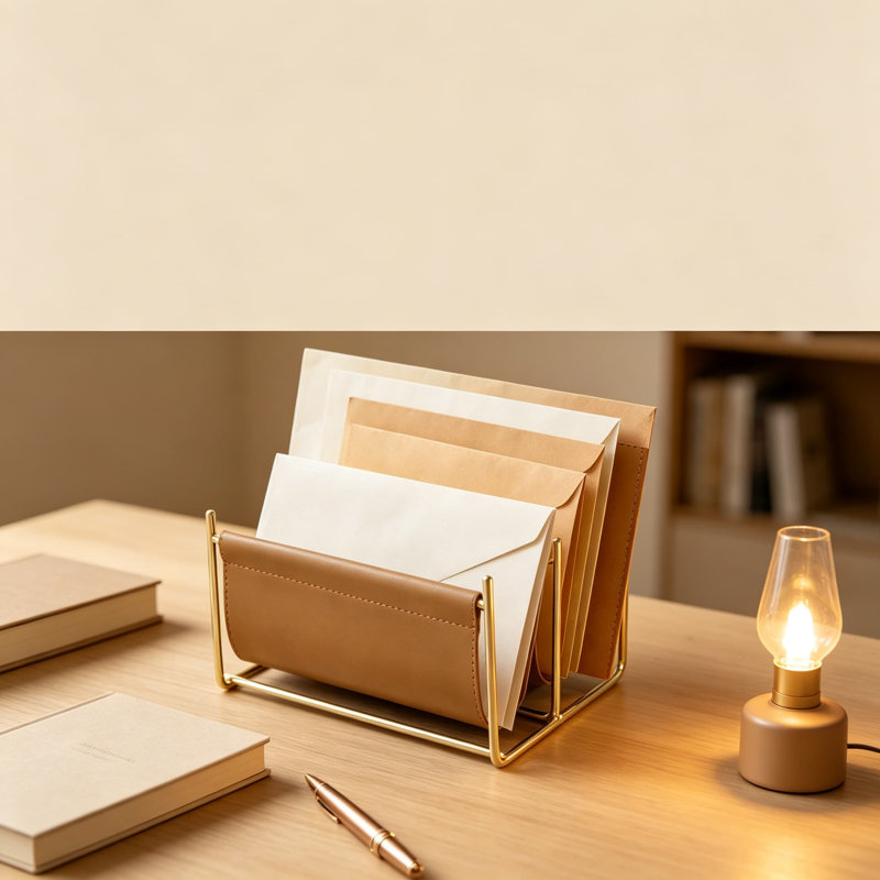 Porte-courrier moderne à deux fentes et trieur de lettres avec structure en métal de couleur laiton et toile en similicuir pour bureau d'entrée ou plateau de table