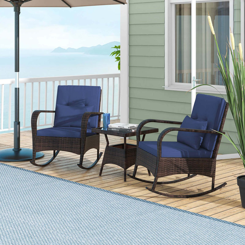 3 Pcs Rocking Bistro Set With Removable Cushions & Tempered Glass Top Coffee Table, Navy