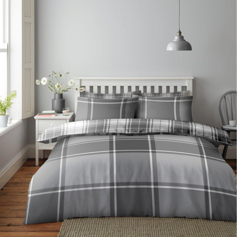 Check Pattern Polycotton Duvet Cover Set with Pillowcases - Lightweight Bedding in Single Double King, Gray, King
