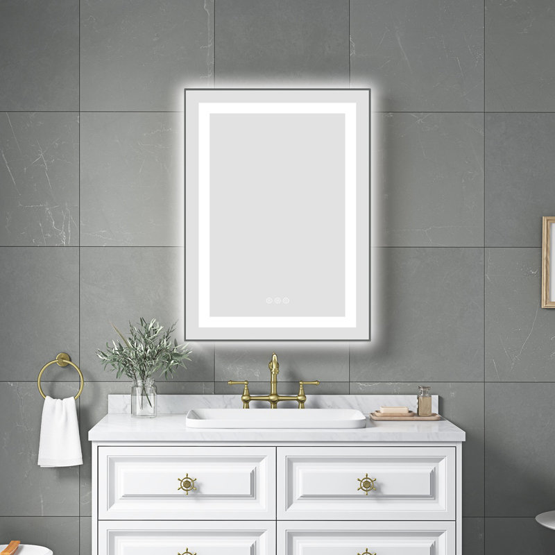 Miroir de salle de bain à DEL avec éclairage antibuée, mémoire et à intensité variable, Métal industriel cendré