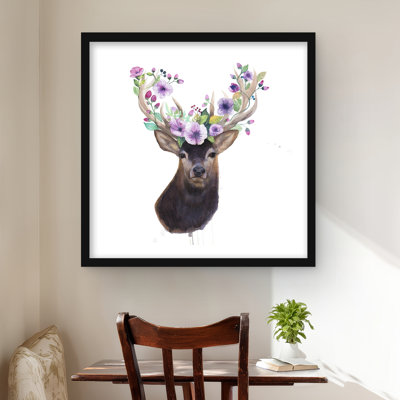 Tête de chevreuil avec fleurs - décor encadré brun mat
