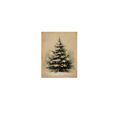 «Vintage Presents and Snowy Christmas Tree», art mural encadré en bois à l'arrière, 30 L x 20 l