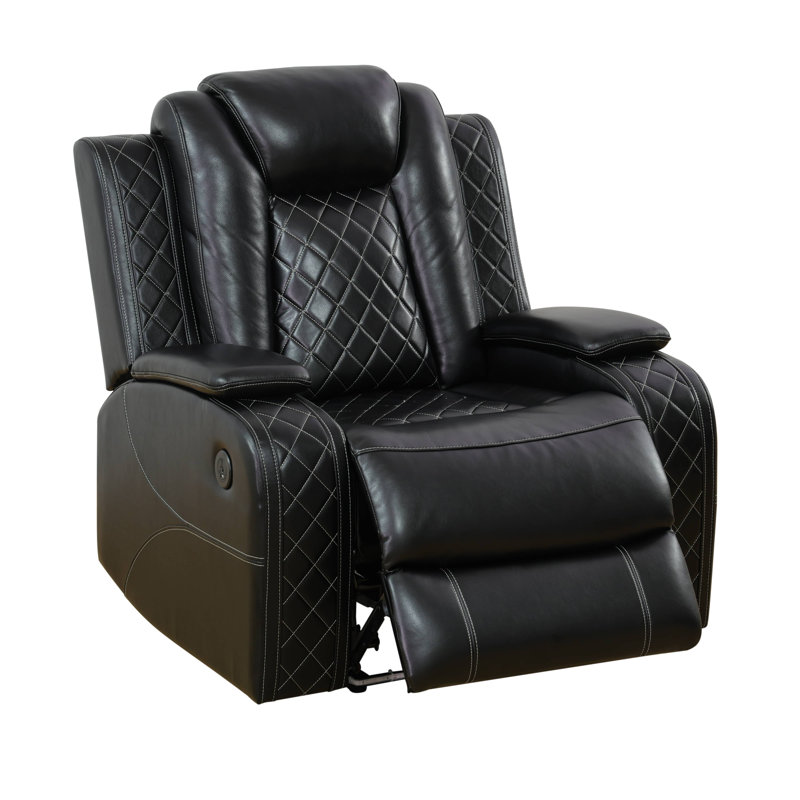 Fauteuil inclinable électrique en faux cuir avec coutures et rangement Diamond, Noir