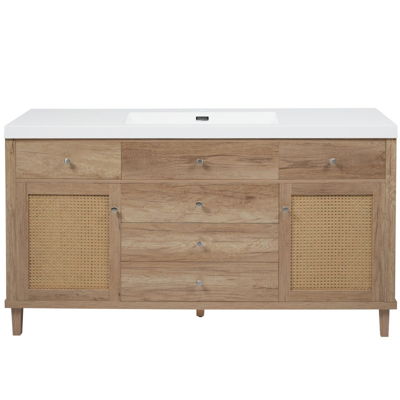 Meuble-lavabo de 60 po avec lavabo en céramique, Bois naturel