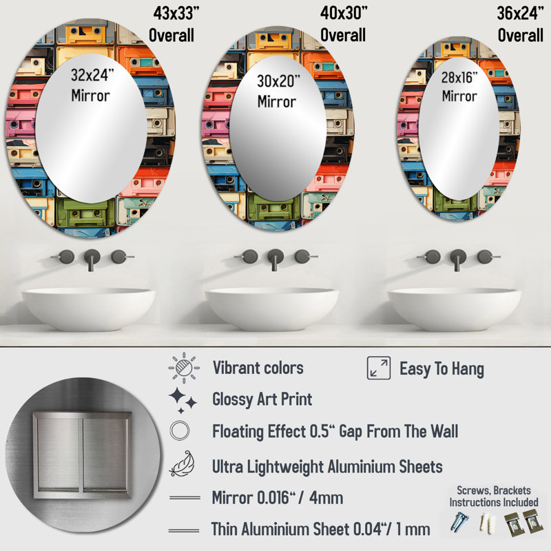 Popart Cassette Tapes X - Multi-Color Oval Wall Mirror Decor, 36" x 24"