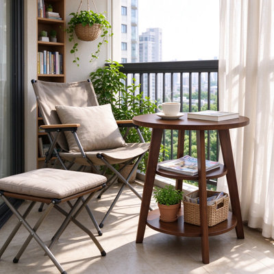 Table de bout ronde à 3 niveaux en bois massif, table d'appoint haute de 23,6 po avec tablettes de rangement, finition noyer, table de chevet et support pour plantes