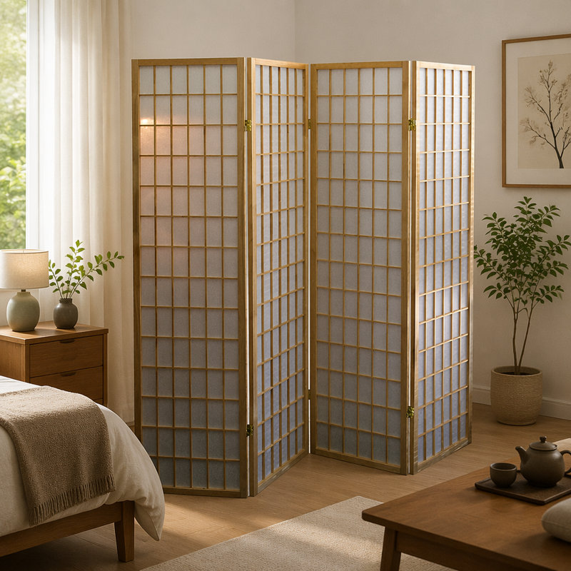 Paravent japonais à 4 panneaux avec finition en bois naturel, parfait pour créer de l'intimité et définir des espaces
