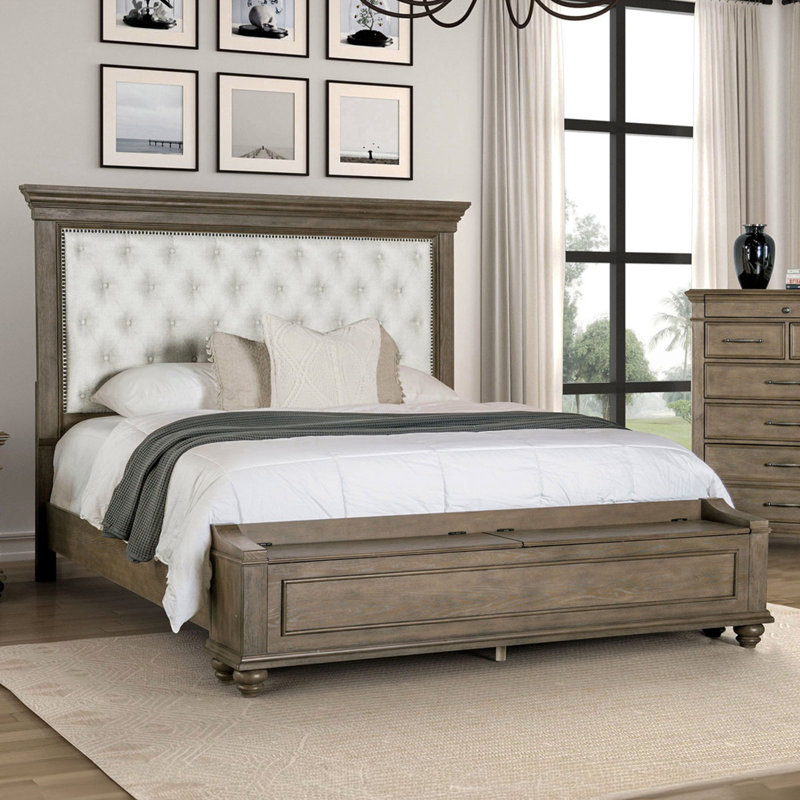 Banc traditionnel en chêne vieilli FB avec rangement et tissu de chambre à coucher rembourré beige, Très grand lit