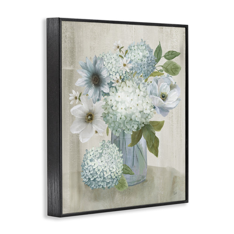 Charme, hortensia et fleurs, estampe numérique, design par Nan, H 20 po x l 16 po, Giclée encadrée noir minuit