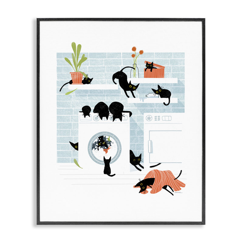 «Black Cats in Laundry», estampe numérique encadrée par Leeza Hernandez, H 14 po x l 11 po, Giclée encadrée blanc bord de mer