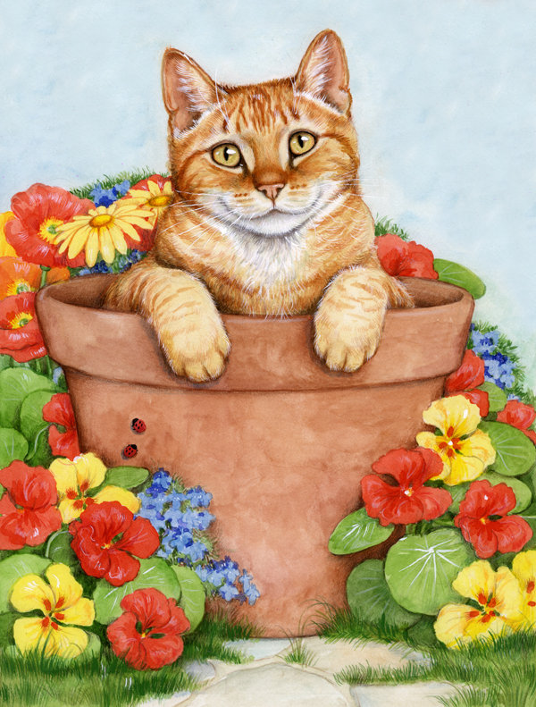 Drapeau de jardin à 2 côtés pour chat de gingembre en pot par debbie cook, H 15 po x l 11 po
