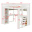 Lit mezzanine peu encombrant, bureau fonctionnel en L, tiroirs et tablettes ouvertes-129691286-129691282