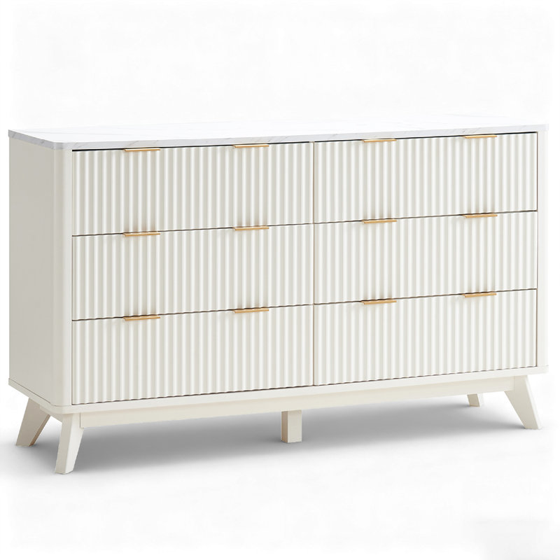 6 Drawers Dresser With Faux Marble Top & Curved Design, White