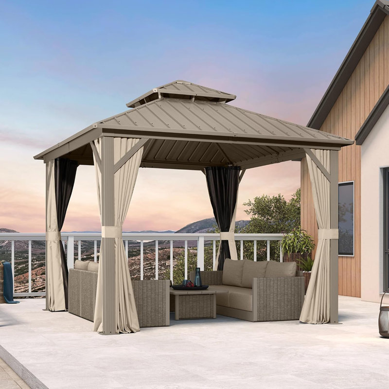 PURPLE LEAF 10' X 10' Hardtop Gazebo, Champagne Outdoor Aluminum Gazebo With Galvanized Steel Double Roof, Curtains And Netting For Patio Lawn And Garden