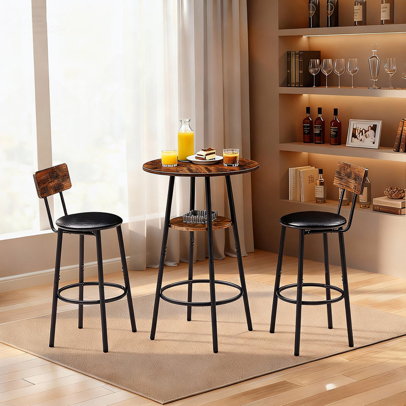 Ensemble de table de bar et de chaises rondes 3 pièces, petite table de salle à manger avec tablette de rangement à 2 niveaux et 2 tabourets de bar rembourrés