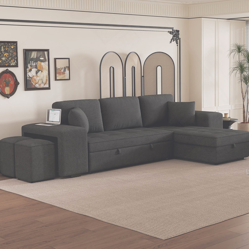 104" Modern L-Shape 3 Seat Reversible Sectional Couch, Pull Out Sleeper Sofa With Storage Chaise And 2 Stools For Living Room Furniture Set, Charcoal Grey