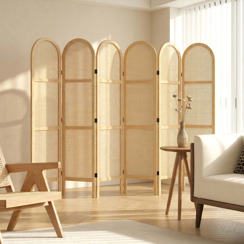 5.6 ft. Pine Wood & Hand-Woven Rattan Room Divider - Freestanding Japanese Modern Minimalist Privacy Screen, 6, Natural