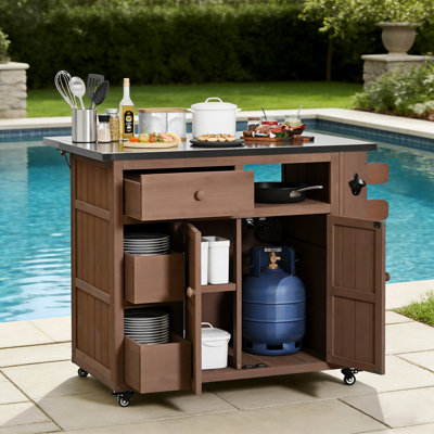 Extendable 41.9" Outdoor Kitchen Island With Stainless Steel Top And Side Spice Rack, Kitchen Cart With Drawers, Storage Cabinet