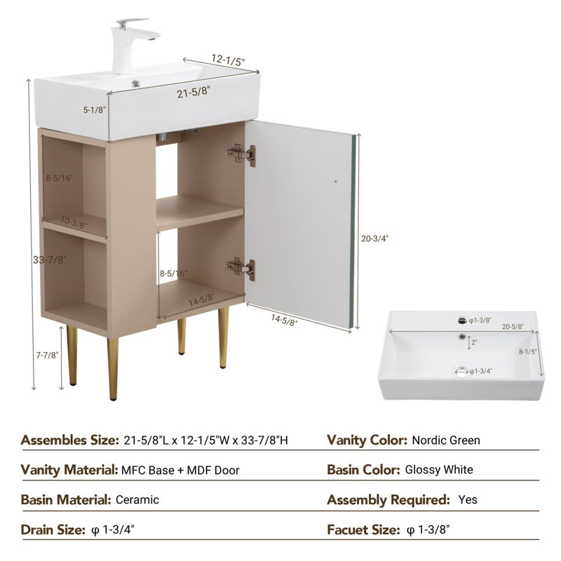 21.6" Open-Shelving Bathroom Vanity with Ceramic Sink and Soft-Closing Door, Green
