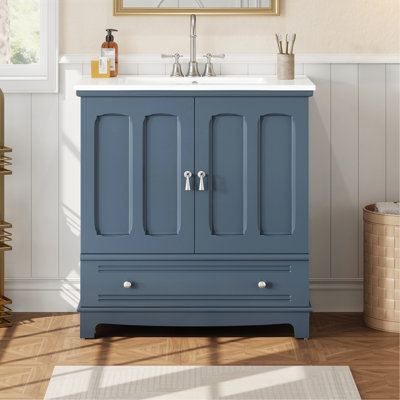 Meuble-lavabo de 30 po avec lavabo en céramique, meuble-lavabo à cadre en bois massif avec tablette réglable, tiroir avec cloison, pieds en bois massif