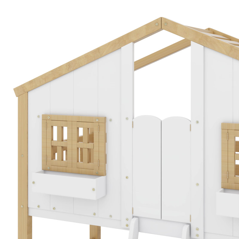 Twin-Over-Twin House-Themed Bunk Bed With Roof, Window, Door, Safety Guardrails, Natural/White