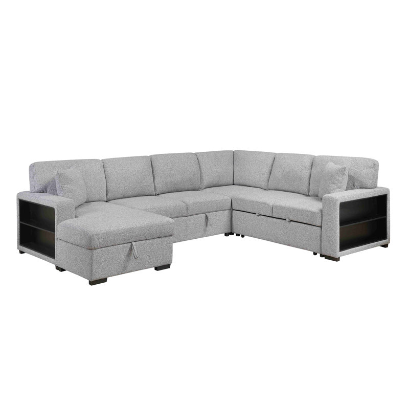 Sofa Sectional With/ Storage Chaise With Pull Out Sofabed, Gray Polyester