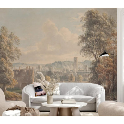 Vintage English Town Wall Mural with Church Tower and River View Landscape for Home Decor