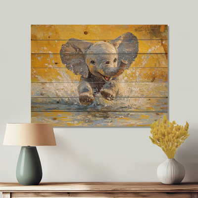 Elephant Calf Playing In The River - Elephant Animal Wood Wall Decor - On Natural Pine Wood