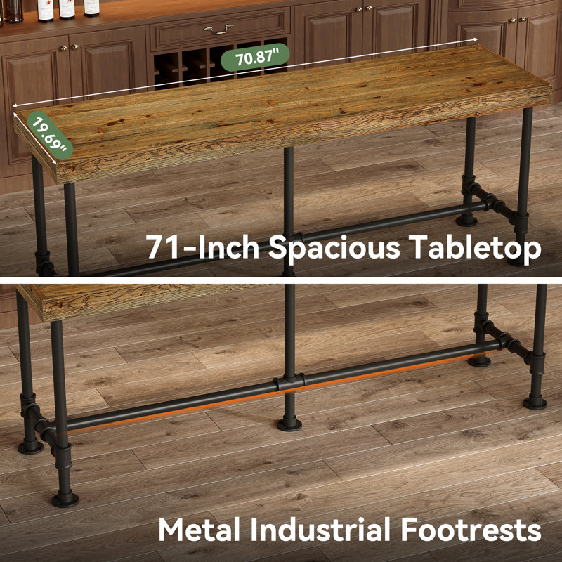 70.9-Inch Long Narrow Bar Table for 6-8,  Solid Wood Counter Height Pub Table with Metal Footrest,  High Top Bar Table for Bistro, Restaurant, Dining Room