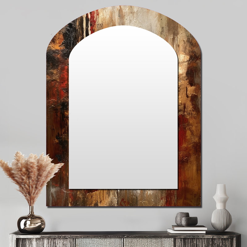 Révélations de l'ancienne Italie en or et rouge - grand miroir mural arqué, art décoratif imprimé en métal, 43 po x 33 po