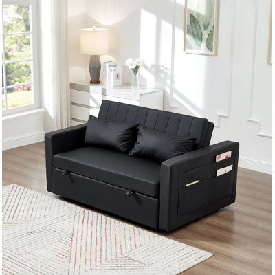 55'' Leather Small Loveseat Pull-out Sofa Bed - Adjustable Backrest With 2 Soft Pillows