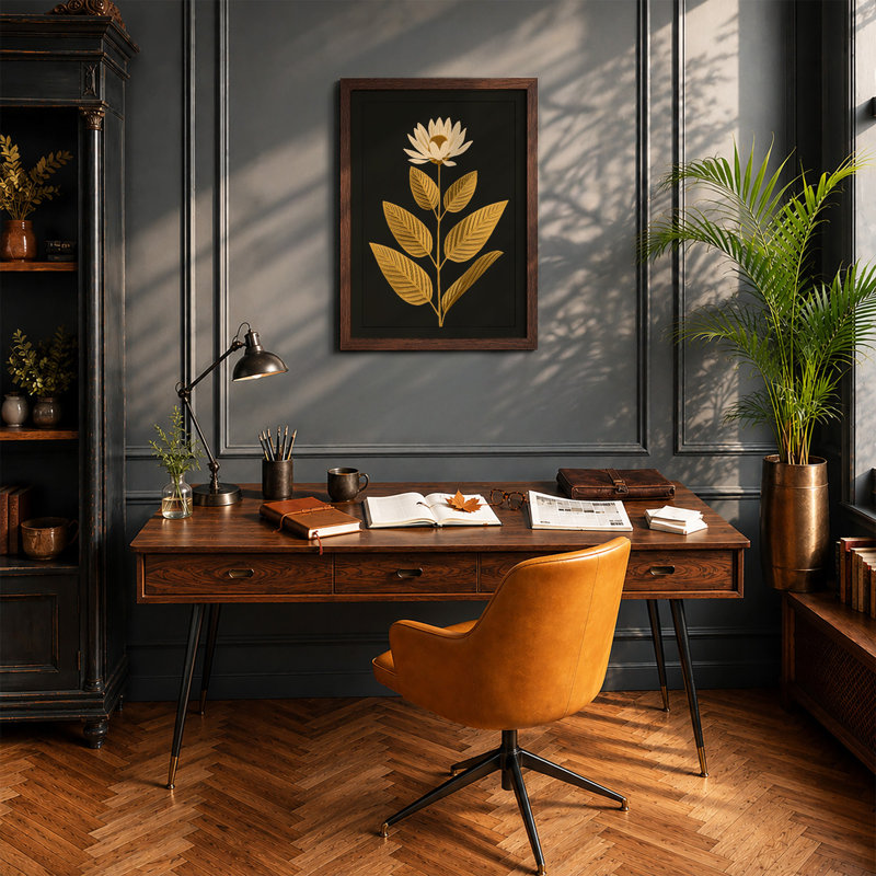 Gilded Lotus Botanical - Framed Print, A4 - 29.7 x 21.0 cm, Walnut