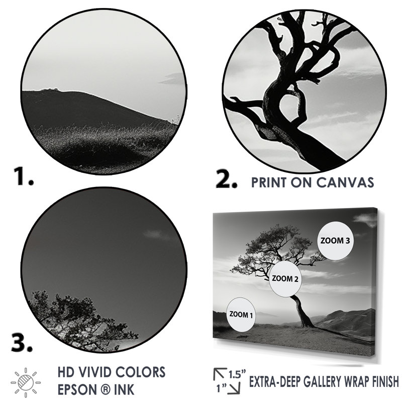 Arbre de solitude noir et blanc, horizon côtier I - impression, H 34 po x l 44 po x P 1,5 po, Cadre flottant noir