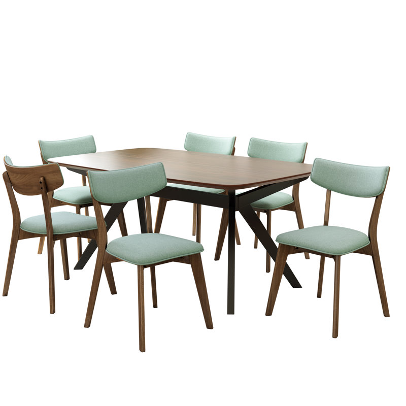Evonne Upholstered Dining Set With Rubberwood Frame, 7, Mint