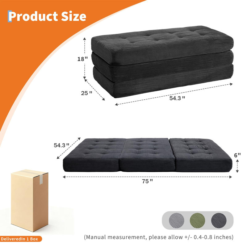Matelas pliable à trois volets avec mousse haute densité de 6 po, matelas de sol pliable en velours côtelé pour invités, yoga, appartement, dortoir et véhicule récréatif