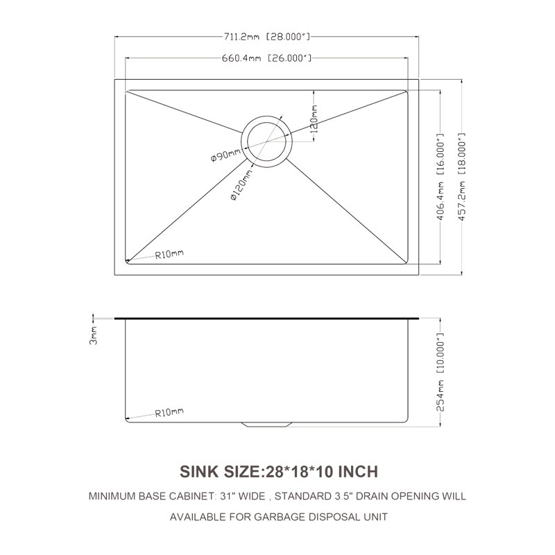 Évier de cuisine encastrable 28 po - évier de cuisine encastré noir en acier inoxydable 28 po x 18 po x 10 po Gauge 16