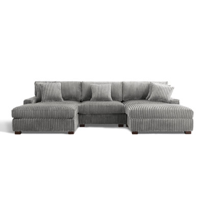 5 - Piece Upholstered Light Gray Faux Rabbit Fur Flannel Modular Sectional Sofa with Throw Pillows & Removable Ottomans