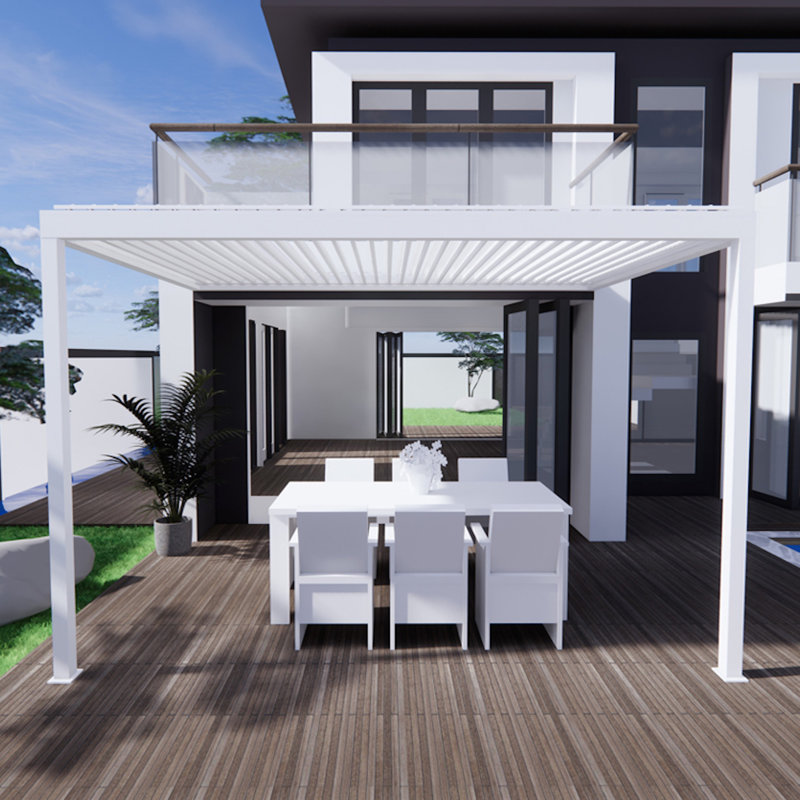 White Motorized Aluminum Wall-Mounted Pergola with LED Lighting