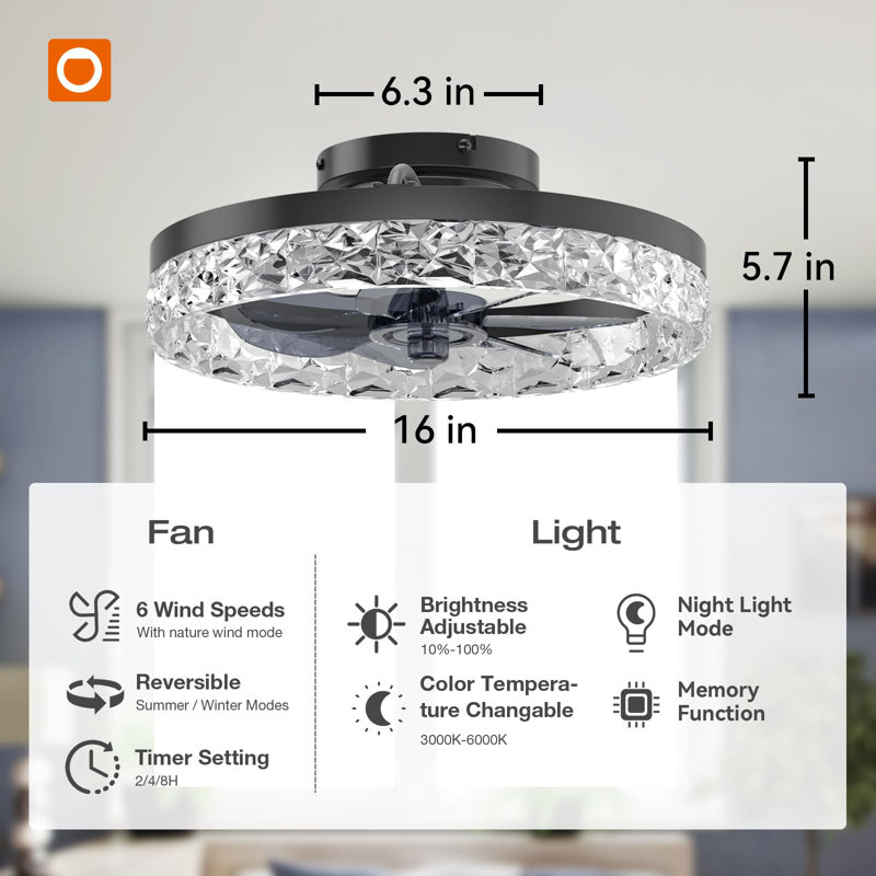 16'' Smart LED Ceiling Fan with Light and Remote APP Control, Black