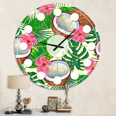 Horloge murale moderne Mid-Century Tropical Cooconut and Jungle Flowers