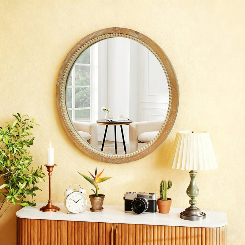 Miroir mural rond, miroir d'appoint pour salle de bain, chambre à coucher, Bois naturel
