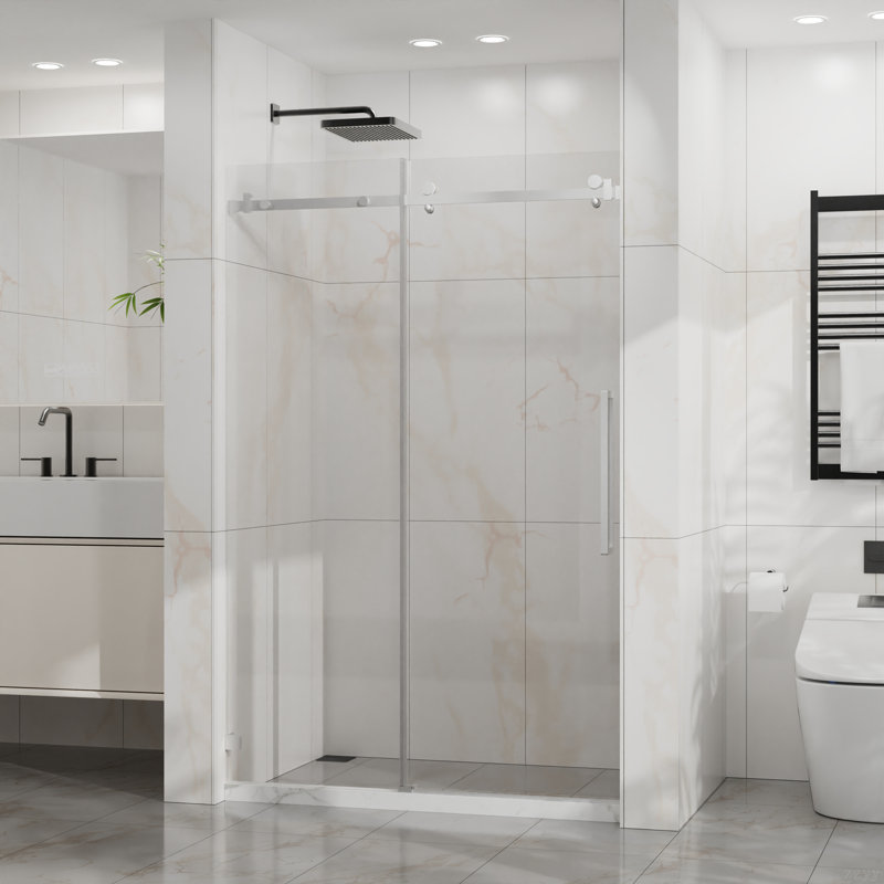 Frameless Shower Door, Silent Sleek Sliding Glass Door, 1/4" (6Mm) Thick Tempered Clear Glass With Easy-Clean Coating, Heavy-Duty 304 Stainless Steel, Chrome